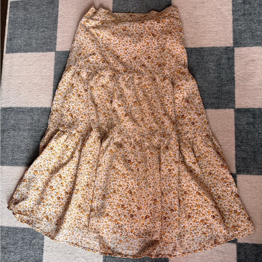 Brown and Cream Tiered A-Line Midi Skirt